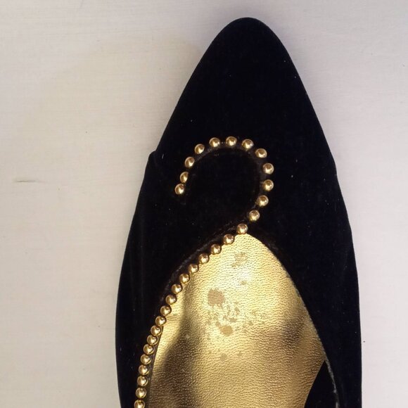 It's Happening Black Velvet Stilettos size 8.5 Gold Beaded Trim High Heels Shoes - Picture 2 of 7